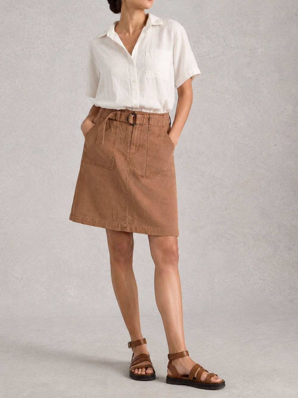 White stuff tan linen blend belted skirt 8